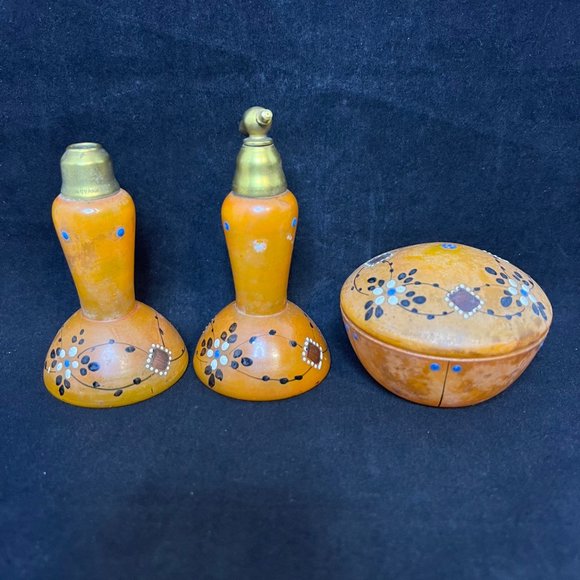 Czech Glass Other - Vintage Art Deco Czech Vanity Set 2 Perfume Atomizer & Dresser Jar